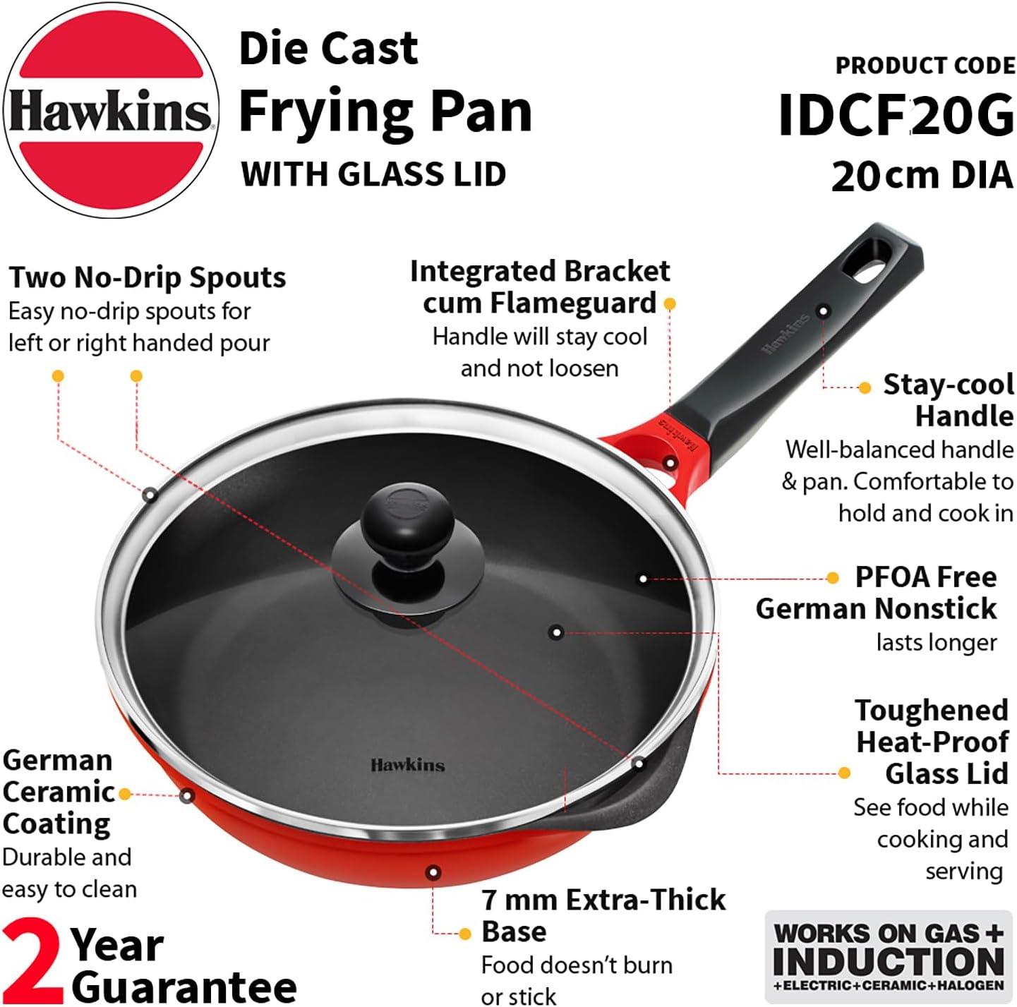 image:imageHAWKINS 22 cm Frying Pan Die Cast Non Stick Fry Pan with Glass Lid Ceramic Coated Pan Induction Frying Pan Small Frying Pan Red IDCF22G