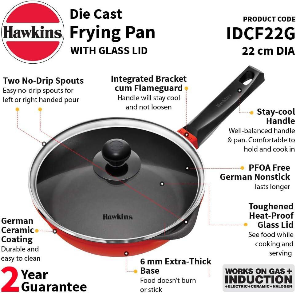 image:imageHAWKINS 24 cm Die Cast Induction Compatible Frying Pan with Glass Lid Red IDCF24G24 cm