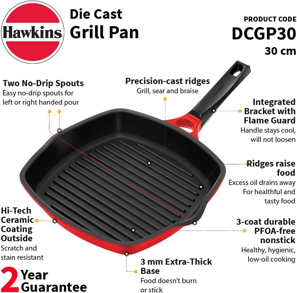 image:imageHAWKINS 30 cm Grill Pan Non Stick Die Cast Grilling Pan Square Grill Pan for Gas Stove Ceramic Coated Pan Roast Pan Red DCGP30