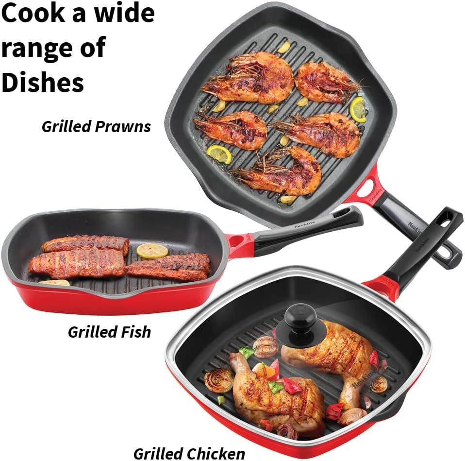 image:imageHAWKINS 30 cm Grill Pan Non Stick Die Cast Grilling Pan Square Grill Pan for Gas Stove Ceramic Coated Pan Roast Pan Red DCGP30