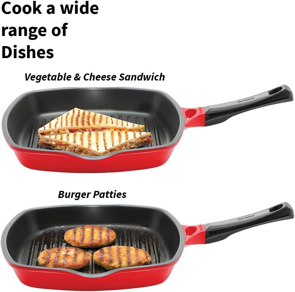image:imageHAWKINS 30 cm Grill Pan Non Stick Die Cast Grilling Pan Square Grill Pan for Gas Stove Ceramic Coated Pan Roast Pan Red DCGP30