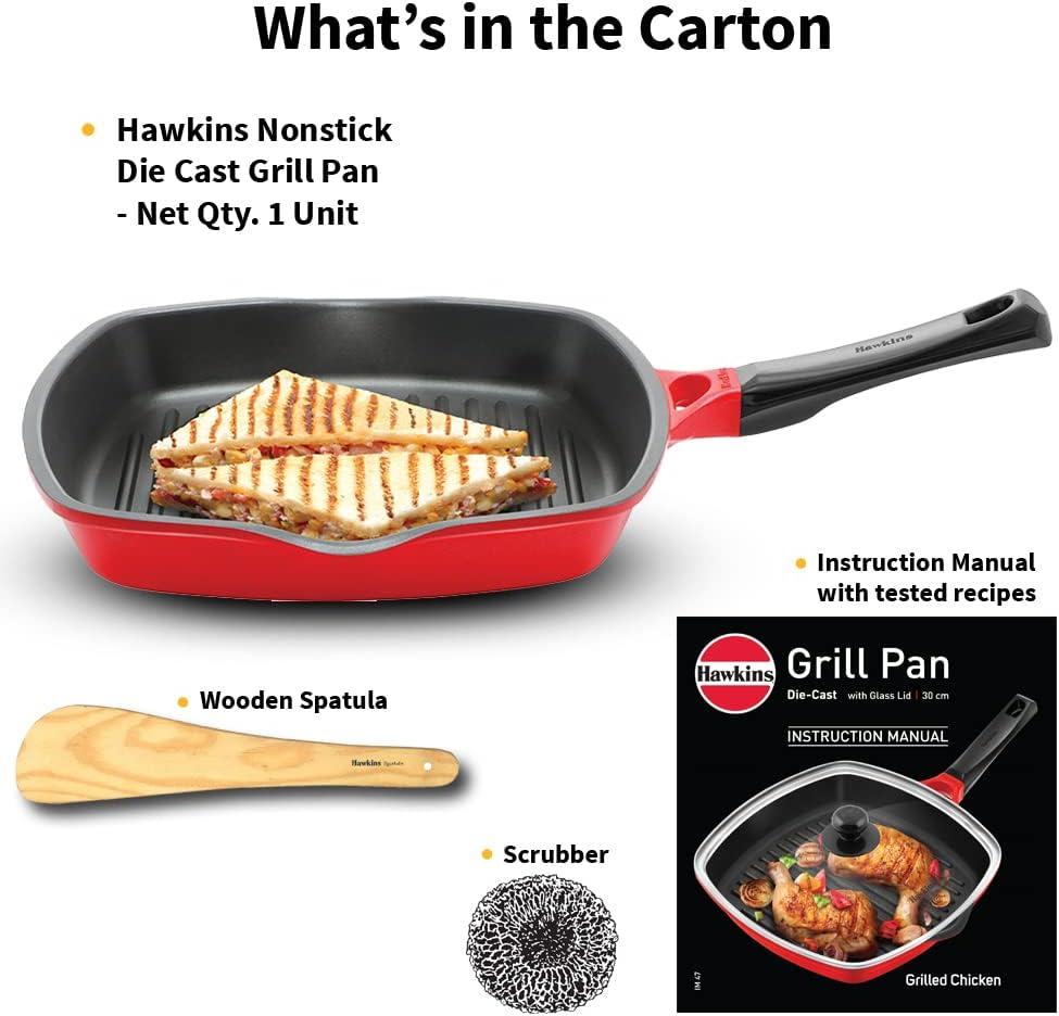 image:imageHAWKINS 30 cm Grill Pan Non Stick Die Cast Grilling Pan Square Grill Pan for Gas Stove Ceramic Coated Pan Roast Pan Red DCGP30