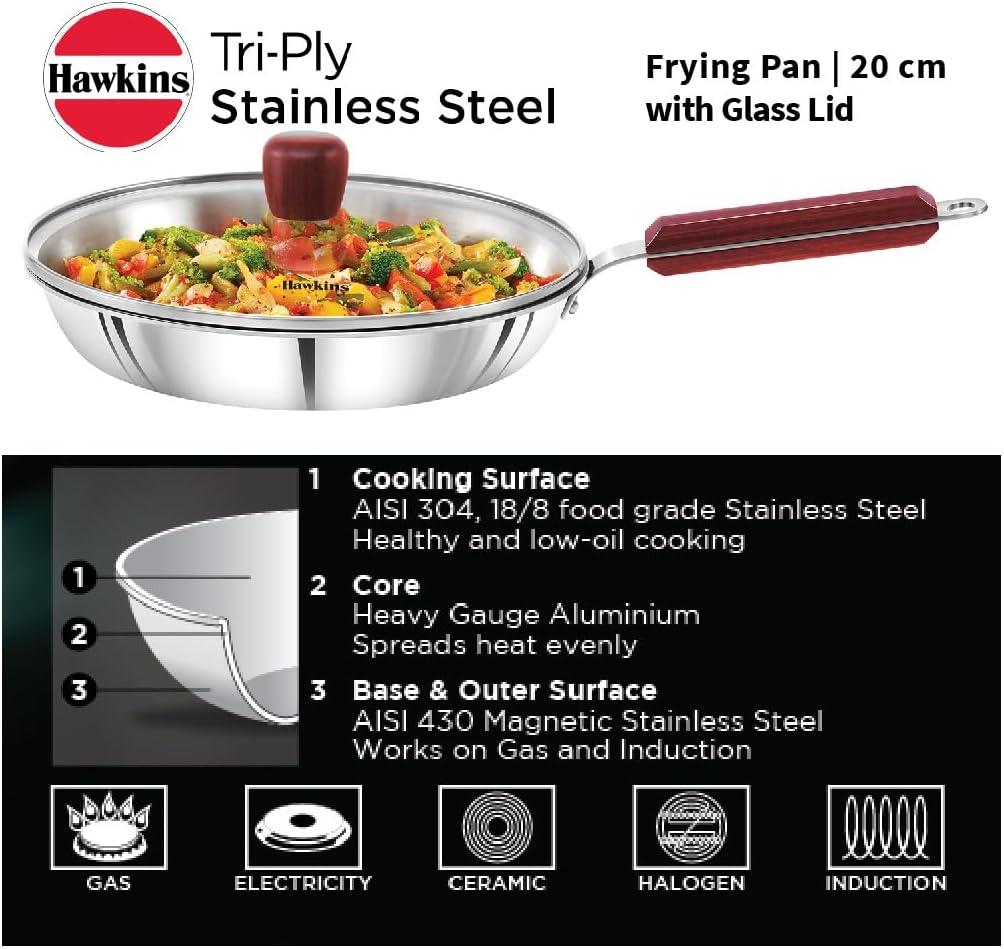 image:imageHAWKINS Triply Stainless Steel Frying Pan 22 cm with Glass Lid Silver Standard SSF22G