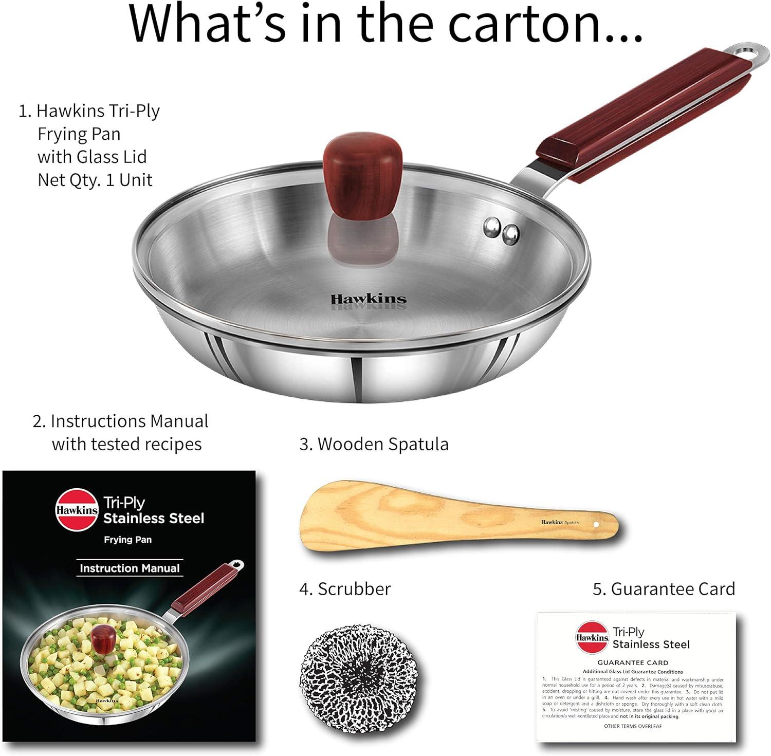 image:imageHAWKINS Triply Stainless Steel Frying Pan 22 cm with Glass Lid Silver Standard SSF22G