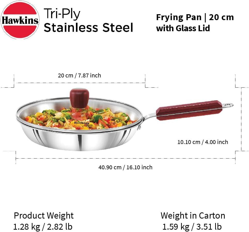 image:imageHAWKINS Triply Stainless Steel Frying Pan 22 cm with Glass Lid Silver Standard SSF22G
