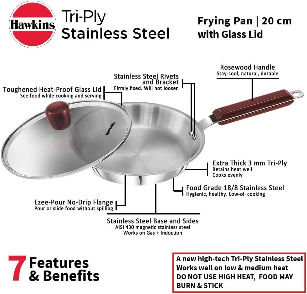 image:imageHAWKINS Triply Stainless Steel Frying Pan 22 cm with Glass Lid Silver Standard SSF22G