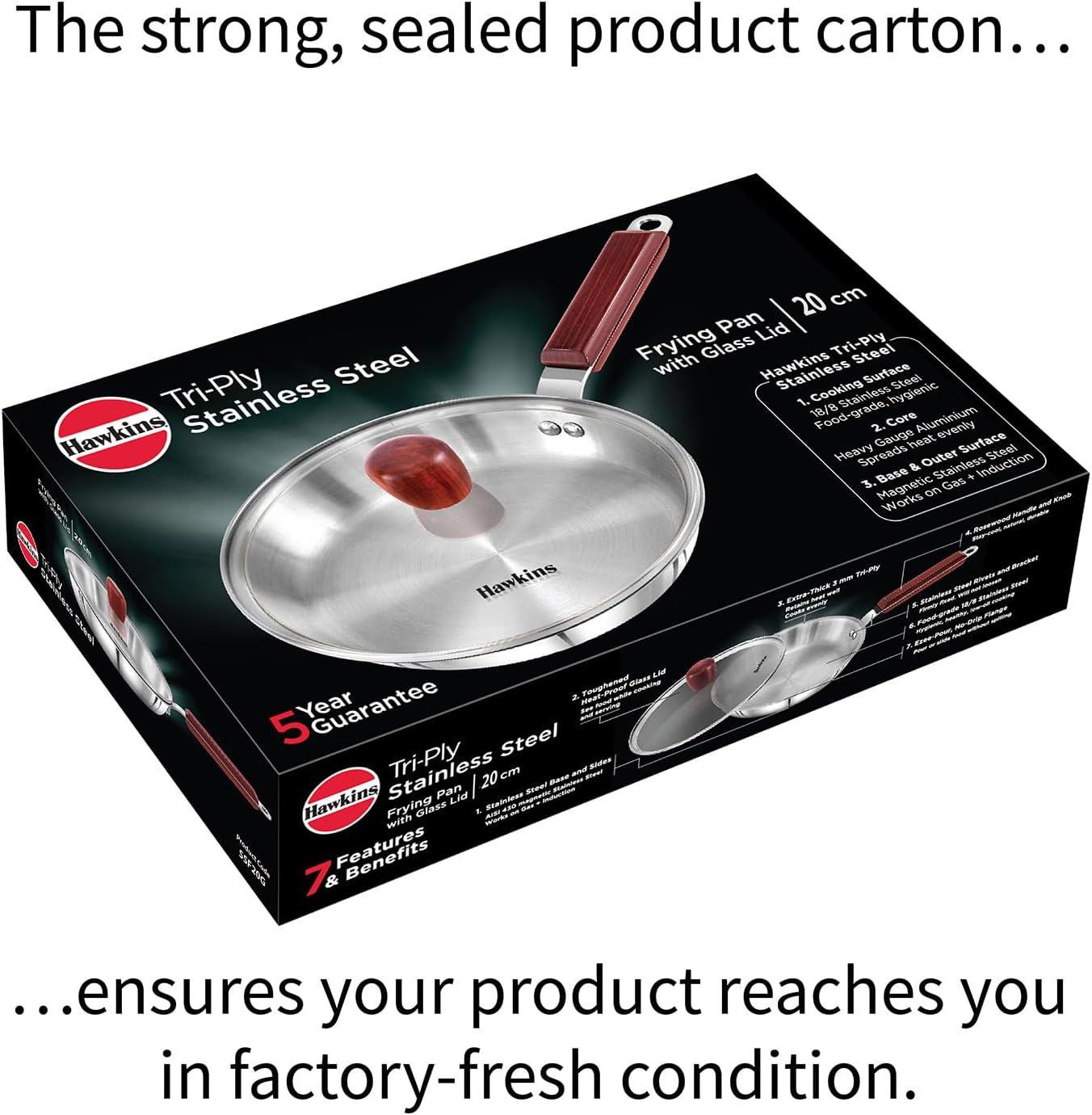 image:imageHAWKINS Triply Stainless Steel Frying Pan 22 cm with Glass Lid Silver Standard SSF22G