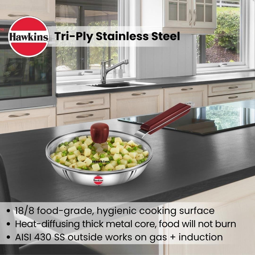 image:imageHAWKINS Triply Stainless Steel Frying Pan 22 cm with Glass Lid Silver Standard SSF22G