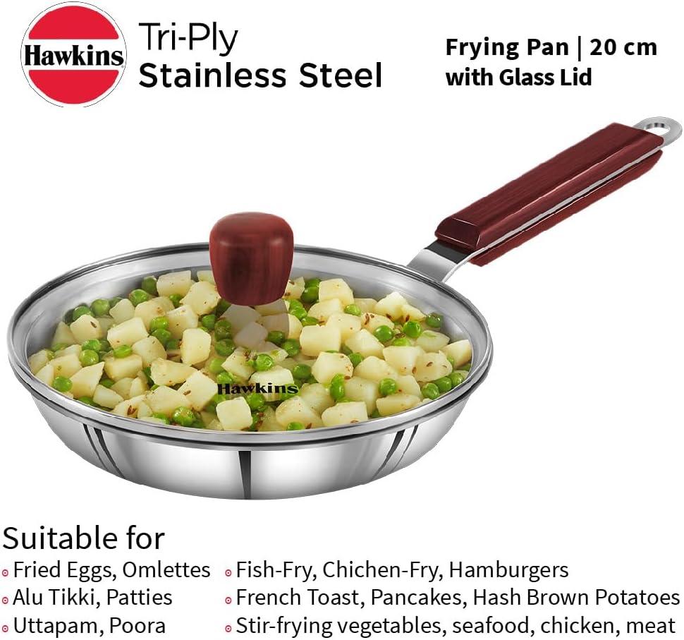 image:imageHAWKINS Triply Stainless Steel Frying Pan 22 cm with Glass Lid Silver Standard SSF22G