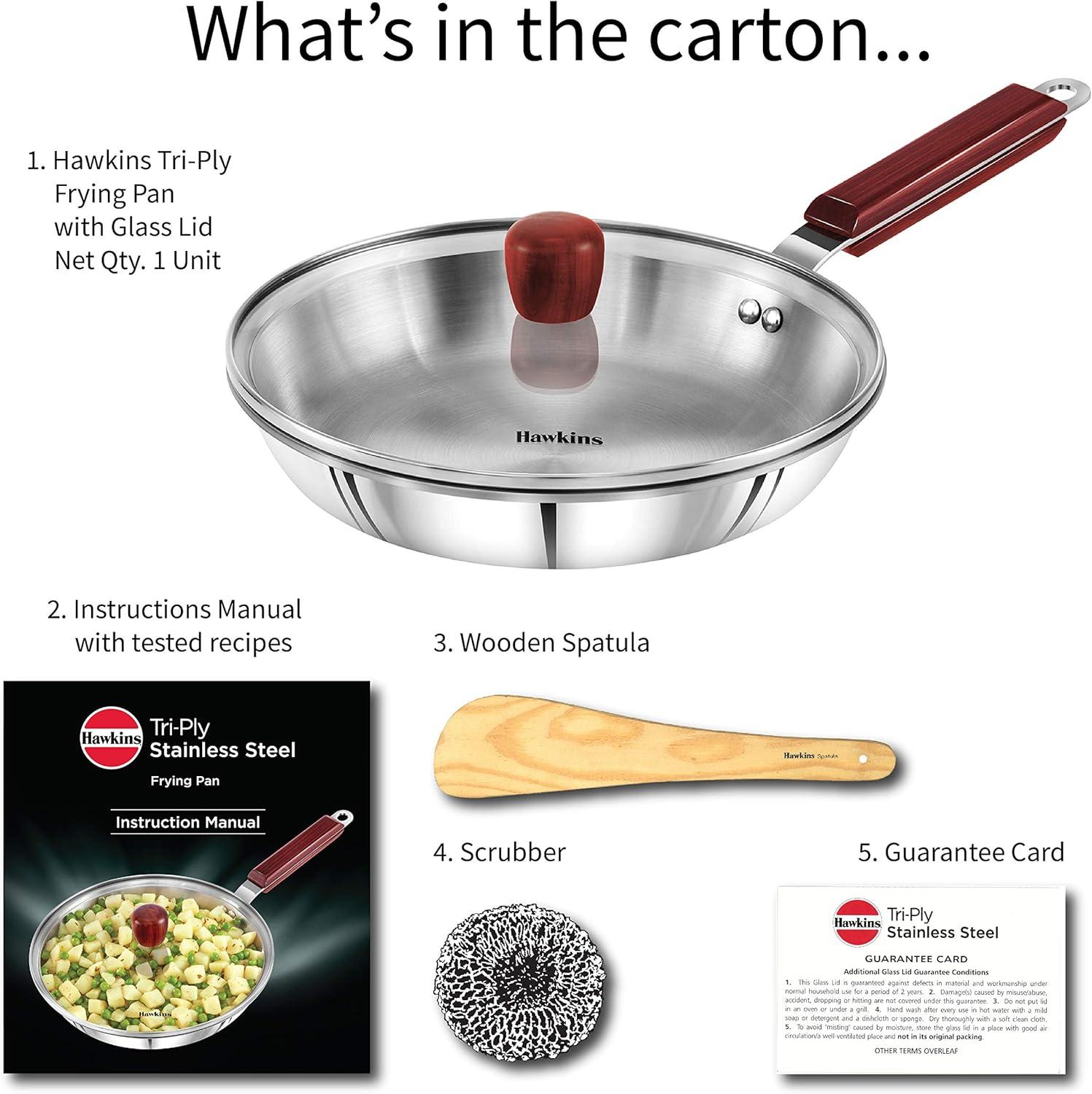 image:imageHawkins 24 cm Frying Pan Triply Stainless Steel Fry Pan with Glass Lid Induction Frying Pan Frypan Silver SSF24G