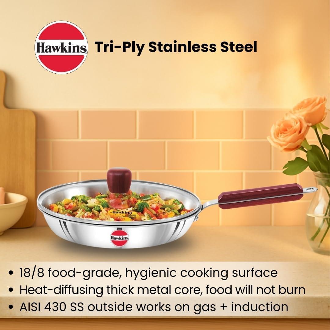 image:imageHawkins 24 cm Frying Pan Triply Stainless Steel Fry Pan with Glass Lid Induction Frying Pan Frypan Silver SSF24G