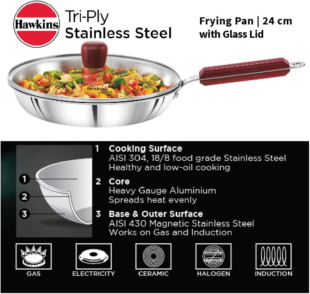 image:imageHawkins 24 cm Frying Pan Triply Stainless Steel Fry Pan with Glass Lid Induction Frying Pan Frypan Silver SSF24G