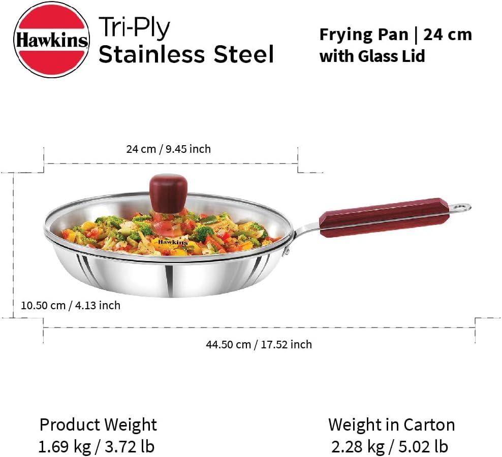 image:imageHawkins 24 cm Frying Pan Triply Stainless Steel Fry Pan with Glass Lid Induction Frying Pan Frypan Silver SSF24G