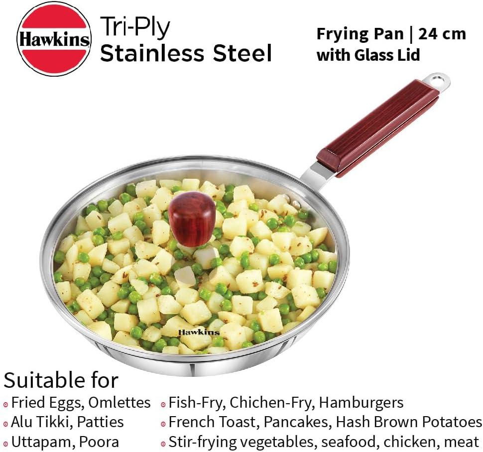 image:imageHawkins 24 cm Frying Pan Triply Stainless Steel Fry Pan with Glass Lid Induction Frying Pan Frypan Silver SSF24G