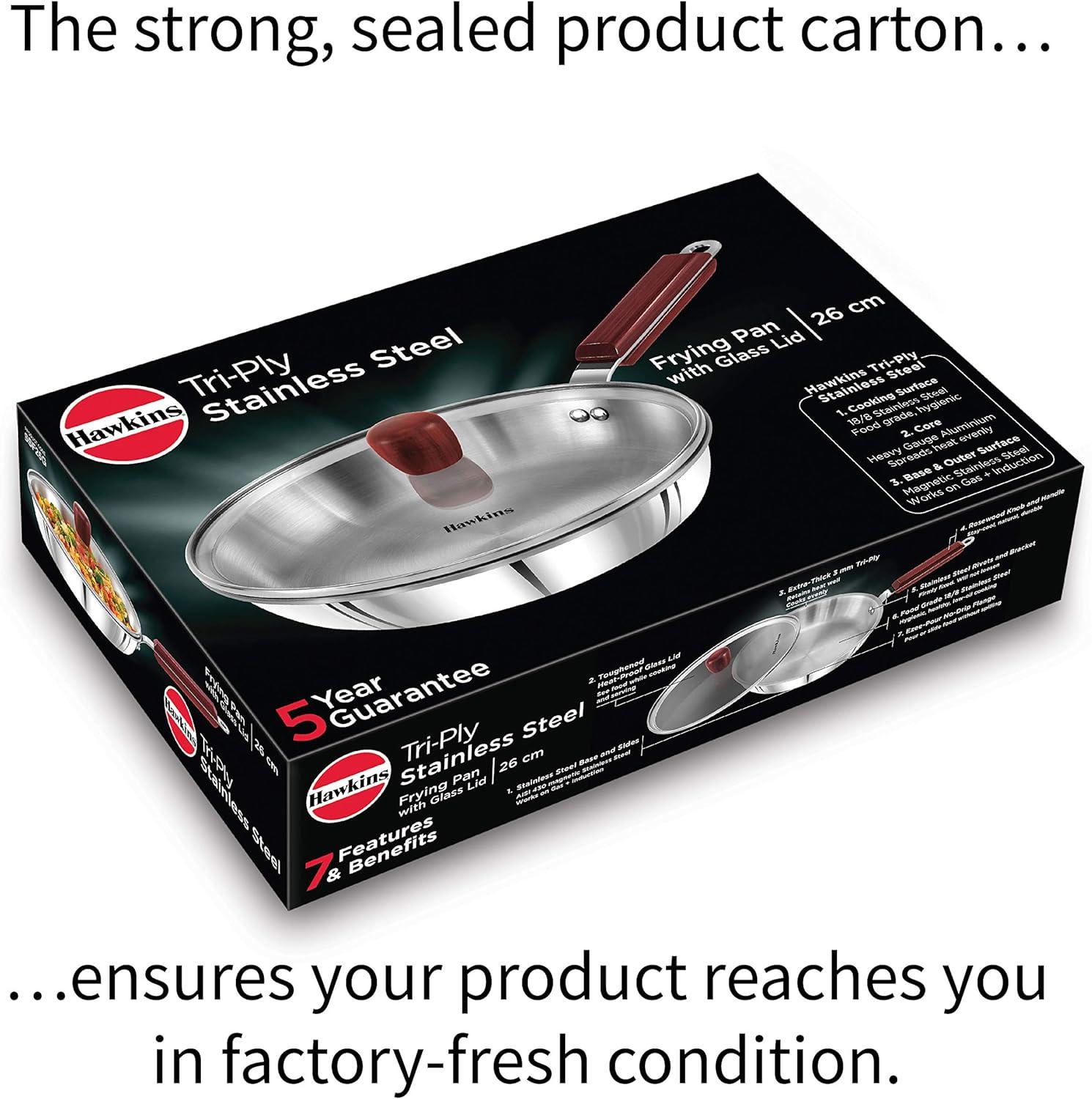 image:imageHawkins 24 cm Frying Pan Triply Stainless Steel Fry Pan with Glass Lid Induction Frying Pan Frypan Silver SSF24G