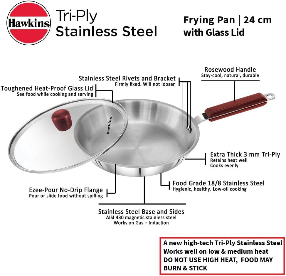 image:imageHawkins 24 cm Frying Pan Triply Stainless Steel Fry Pan with Glass Lid Induction Frying Pan Frypan Silver SSF24G