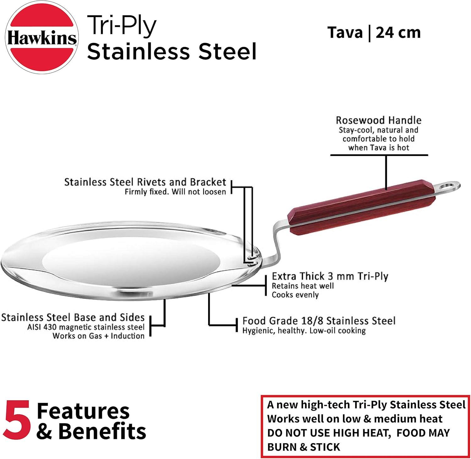 image:imageHawkins 24 cm Tava Triply Stainless Steel Tawa with Stainless Steel Handle Induction Tawa Silver SSTV24