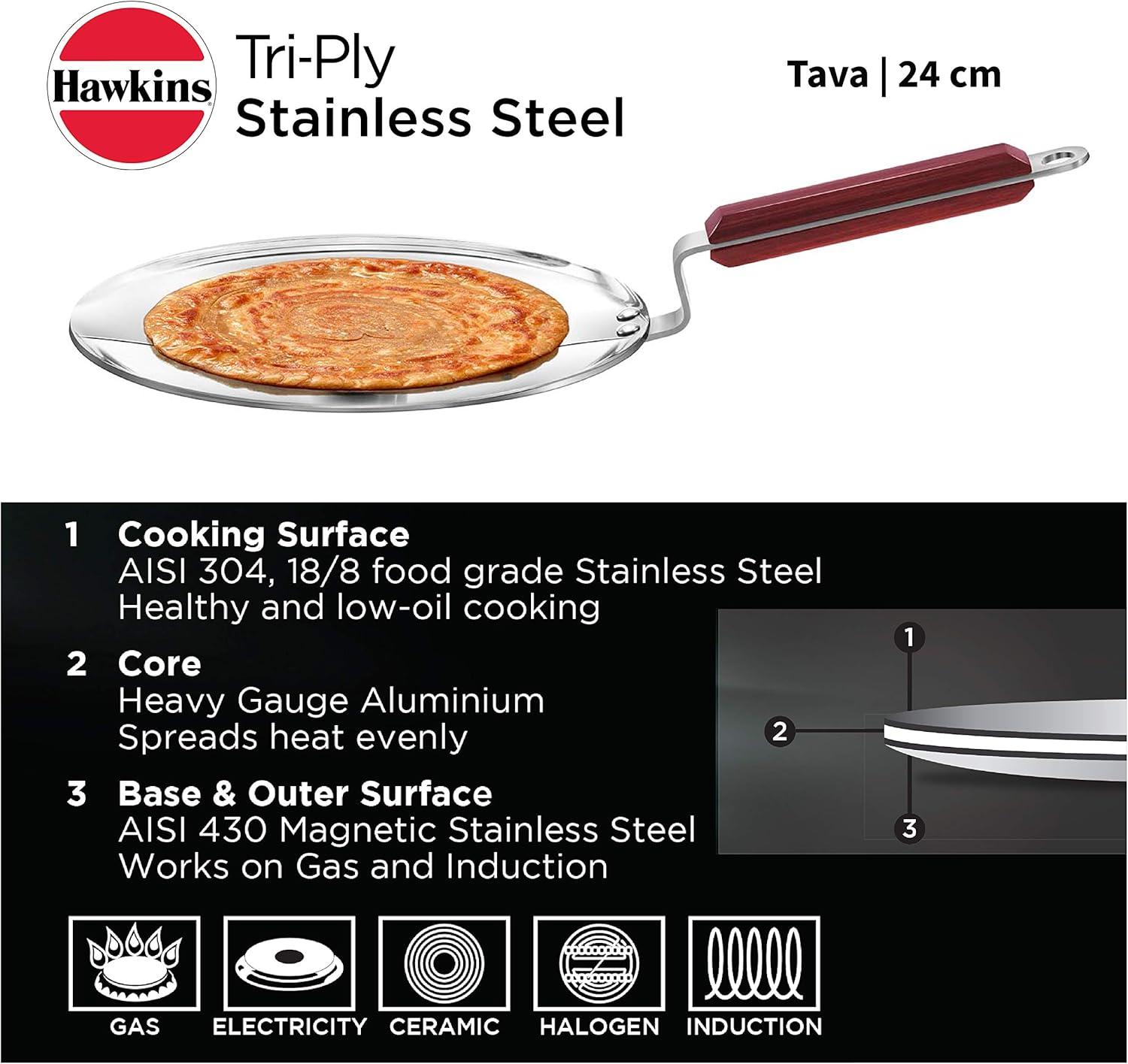 image:imageHawkins 24 cm Tava Triply Stainless Steel Tawa with Stainless Steel Handle Induction Tawa Silver SSTV24