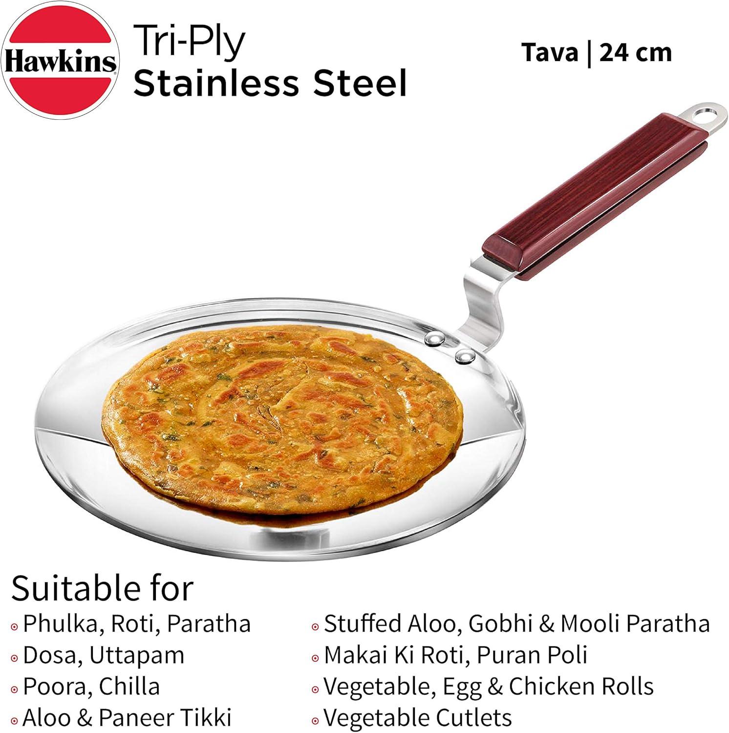 image:imageHawkins 24 cm Tava Triply Stainless Steel Tawa with Stainless Steel Handle Induction Tawa Silver SSTV24