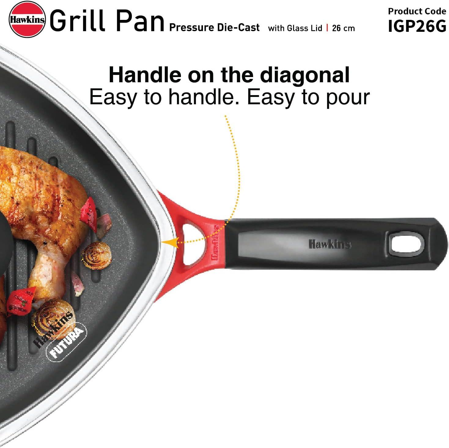 image:imageHawkins 26 cm Grill Pan Non Stick Die Cast Grilling Pan with Glass Lid Square Grill Pan for Gas Stove Ceramic Coated Pan Red IGP26G