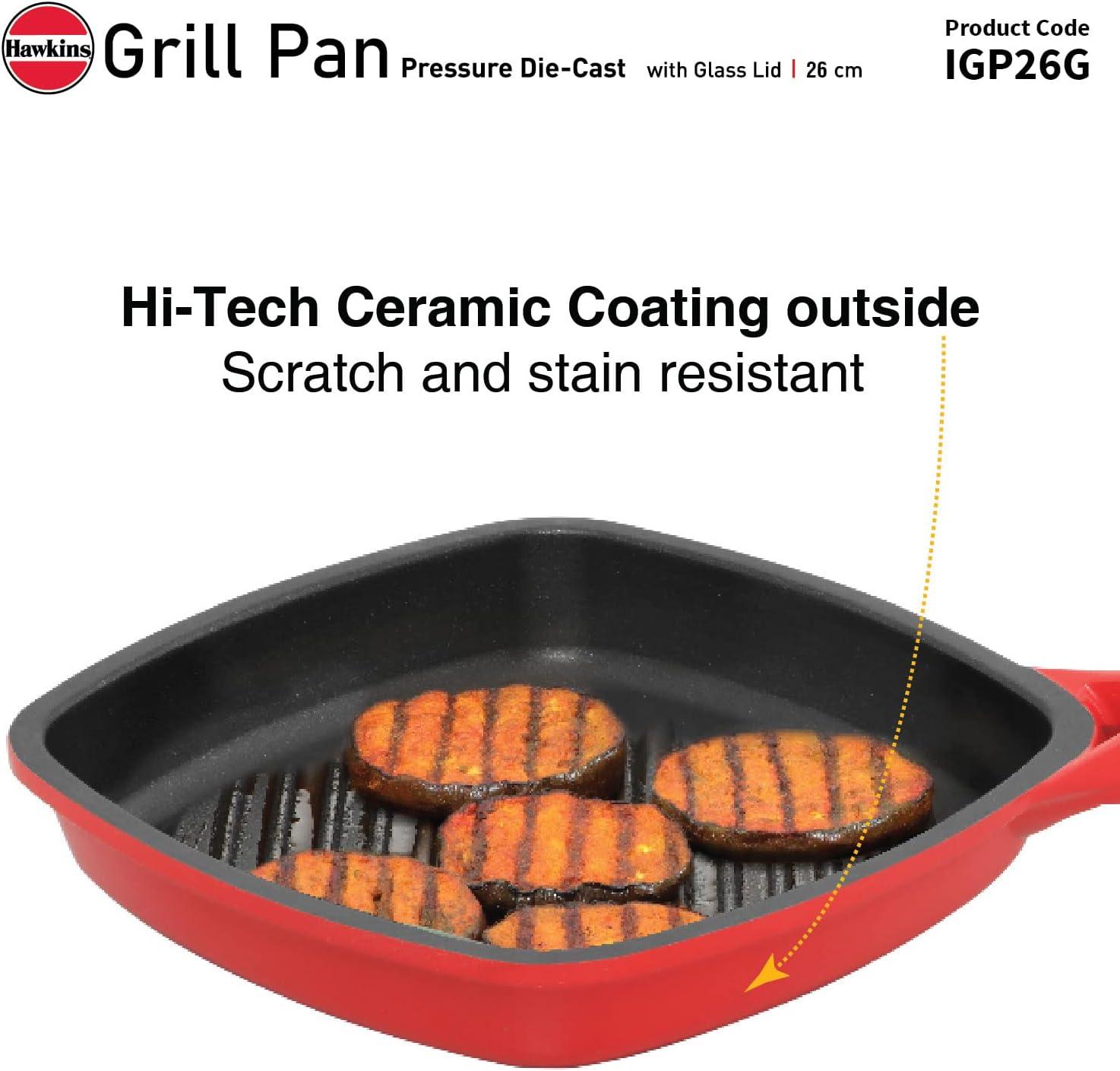 image:imageHawkins 26 cm Grill Pan Non Stick Die Cast Grilling Pan with Glass Lid Square Grill Pan for Gas Stove Ceramic Coated Pan Red IGP26G