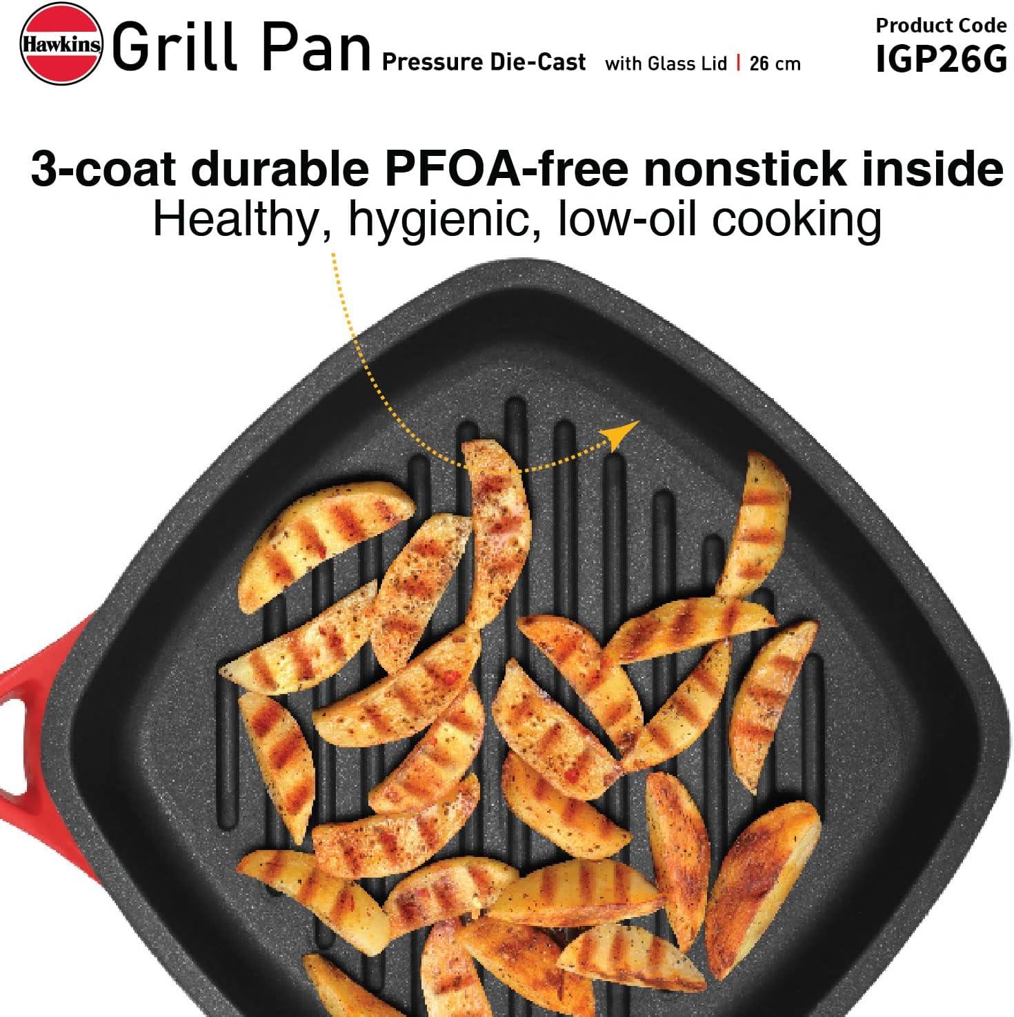 image:imageHawkins 26 cm Grill Pan Non Stick Die Cast Grilling Pan with Glass Lid Square Grill Pan for Gas Stove Ceramic Coated Pan Red IGP26G