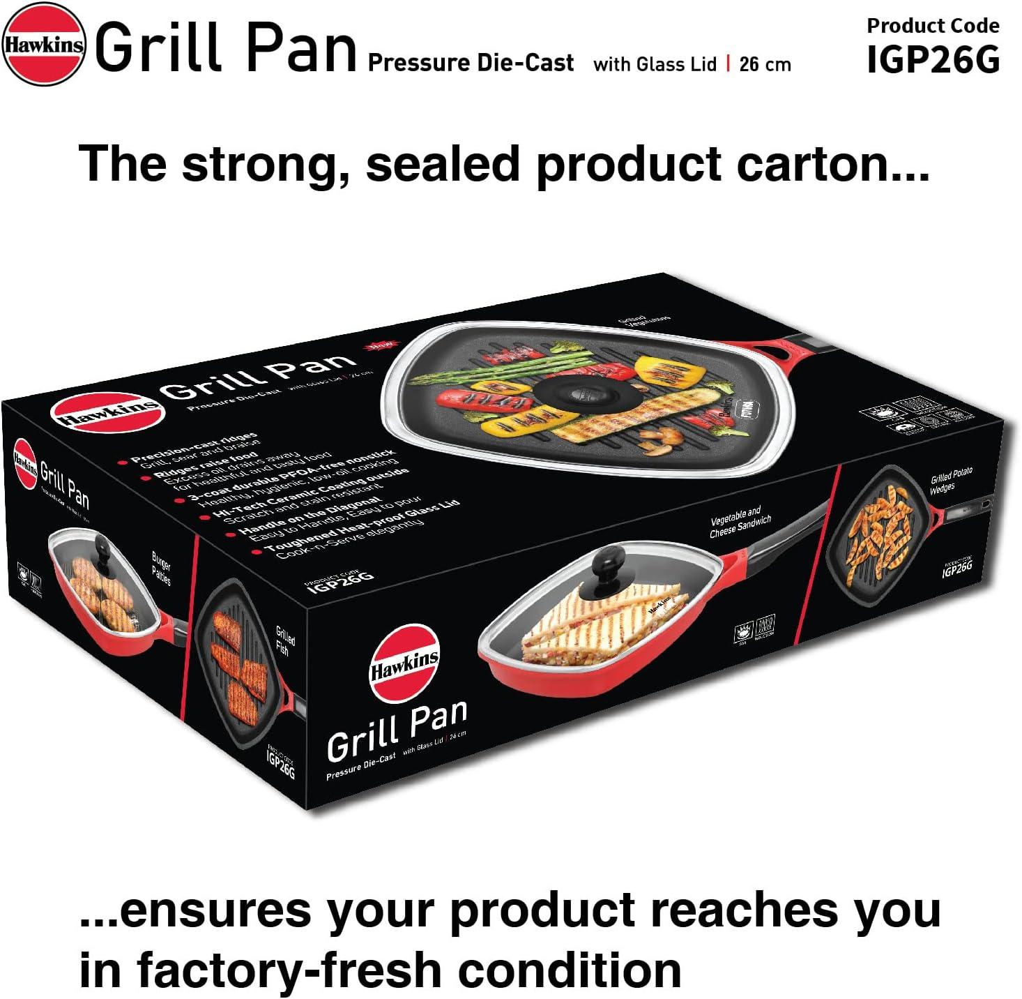 image:imageHawkins 26 cm Grill Pan Non Stick Die Cast Grilling Pan with Glass Lid Square Grill Pan for Gas Stove Ceramic Coated Pan Red IGP26G