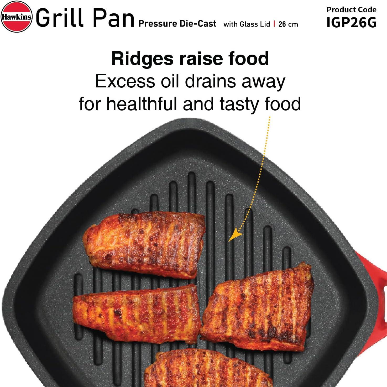 image:imageHawkins 26 cm Grill Pan Non Stick Die Cast Grilling Pan with Glass Lid Square Grill Pan for Gas Stove Ceramic Coated Pan Red IGP26G