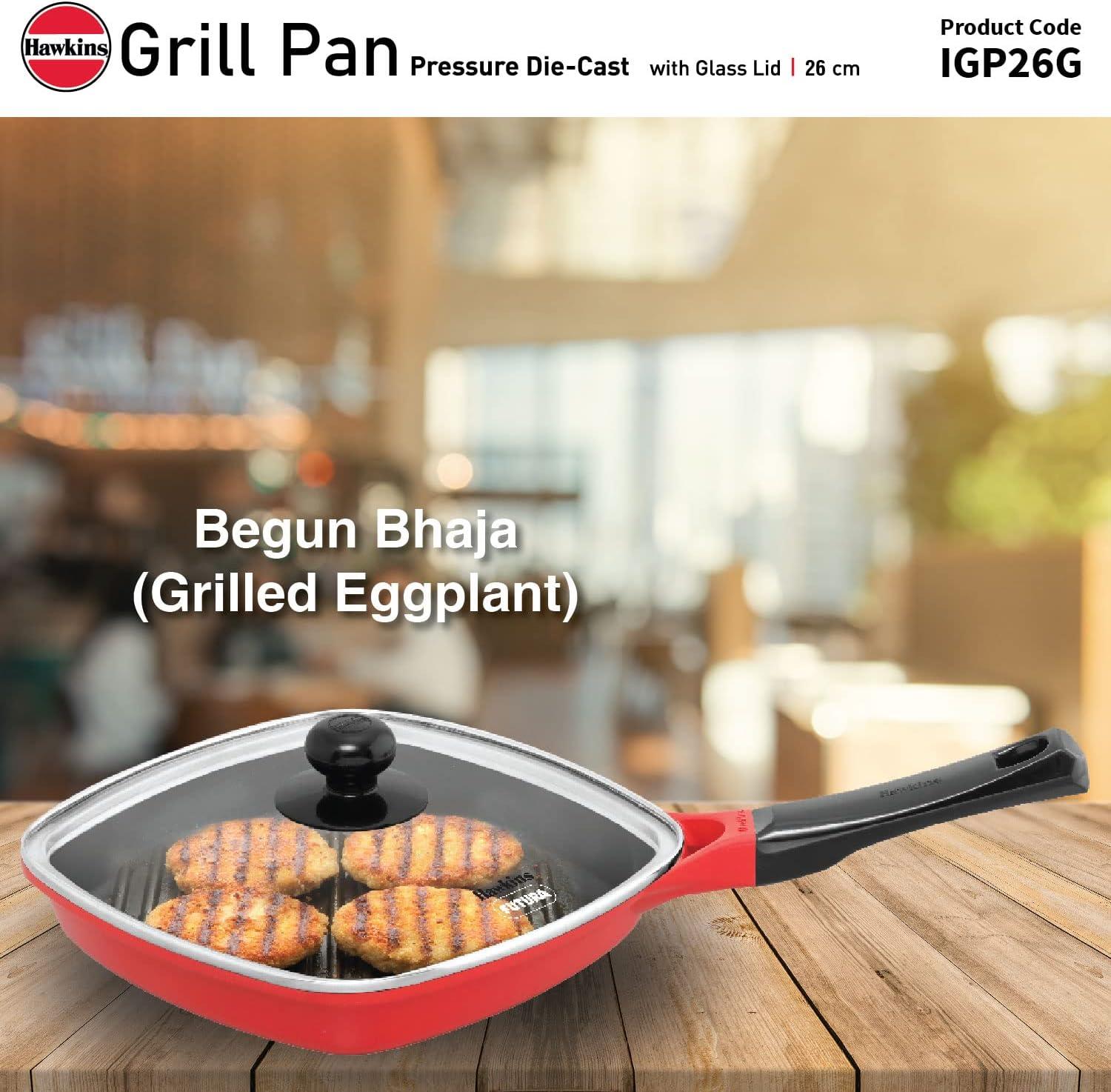 image:imageHawkins 26 cm Grill Pan Non Stick Die Cast Grilling Pan with Glass Lid Square Grill Pan for Gas Stove Ceramic Coated Pan Red IGP26G
