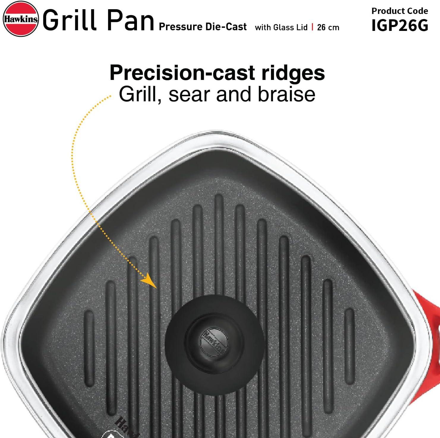 image:imageHawkins 26 cm Grill Pan Non Stick Die Cast Grilling Pan with Glass Lid Square Grill Pan for Gas Stove Ceramic Coated Pan Red IGP26G