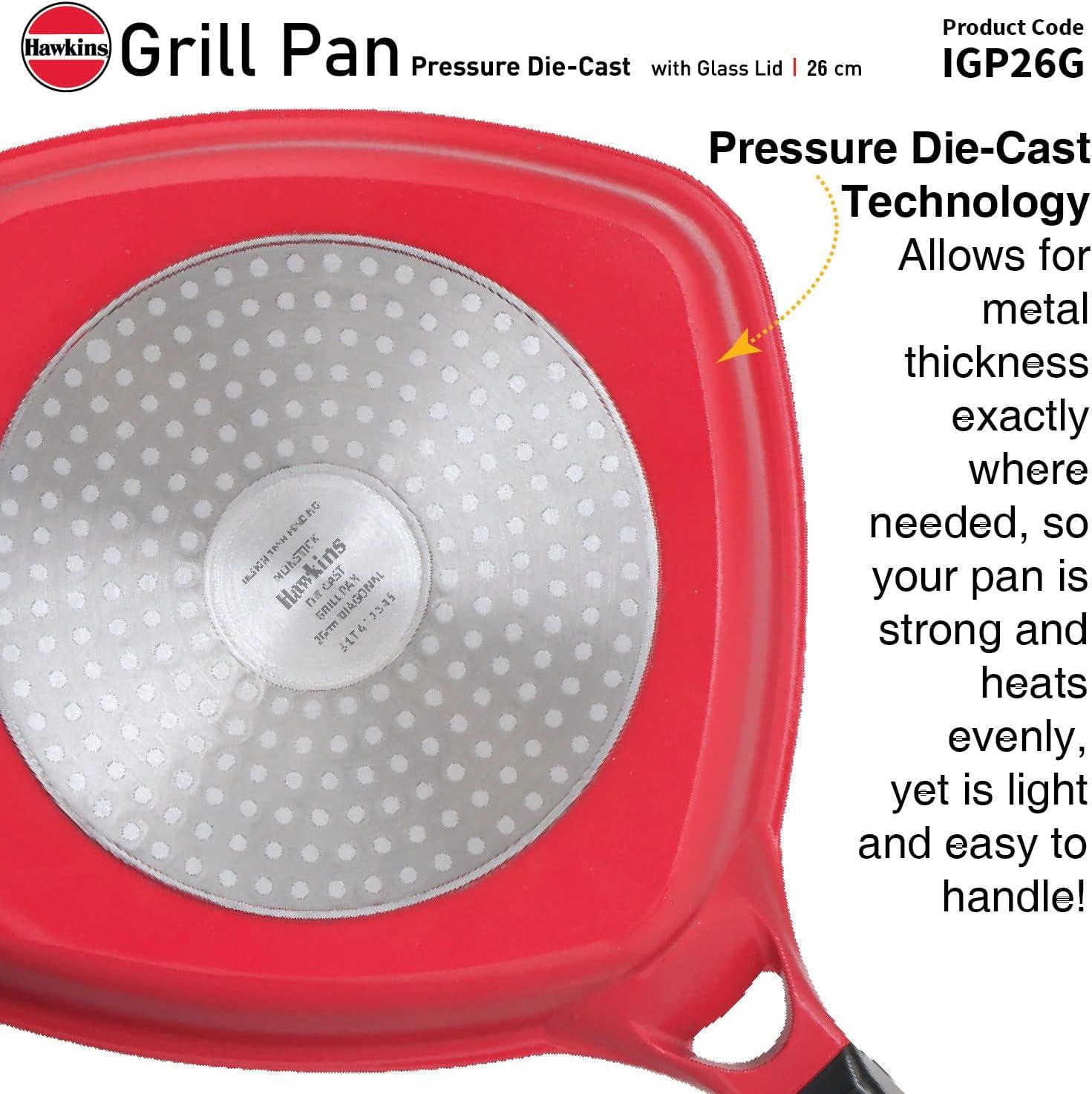 image:imageHawkins 26 cm Grill Pan Non Stick Die Cast Grilling Pan with Glass Lid Square Grill Pan for Gas Stove Ceramic Coated Pan Red IGP26G