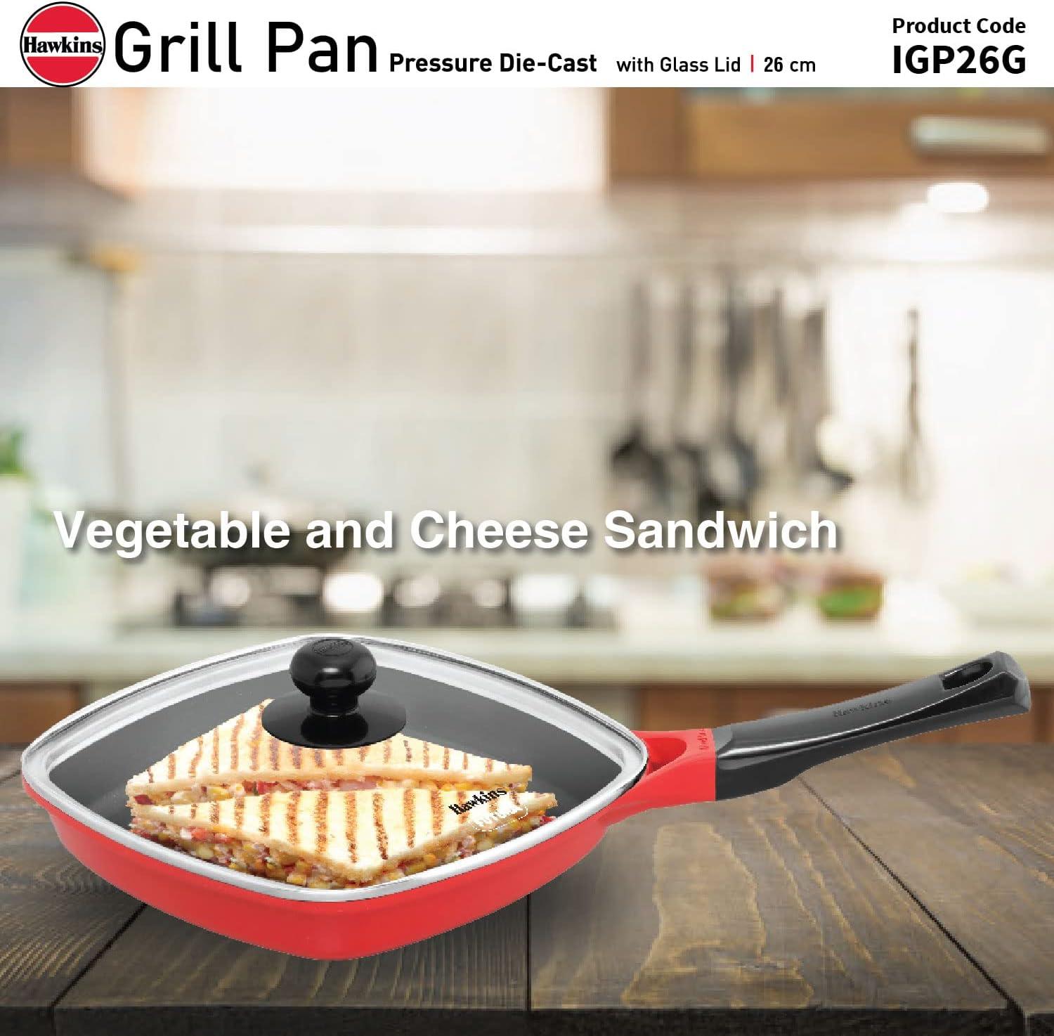 image:imageHawkins 26 cm Grill Pan Non Stick Die Cast Grilling Pan with Glass Lid Square Grill Pan for Gas Stove Ceramic Coated Pan Red IGP26G