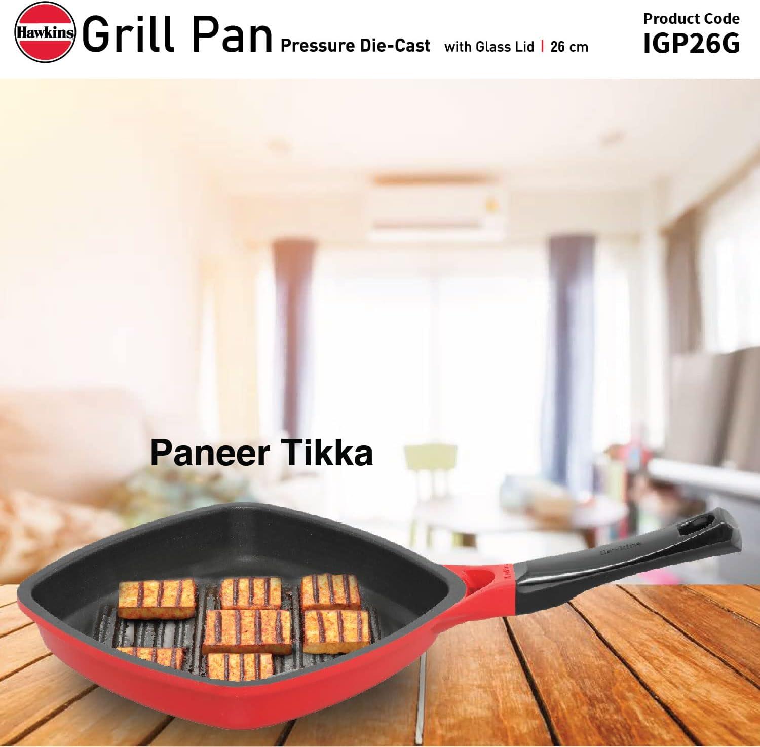 image:imageHawkins 26 cm Grill Pan Non Stick Die Cast Grilling Pan with Glass Lid Square Grill Pan for Gas Stove Ceramic Coated Pan Red IGP26G