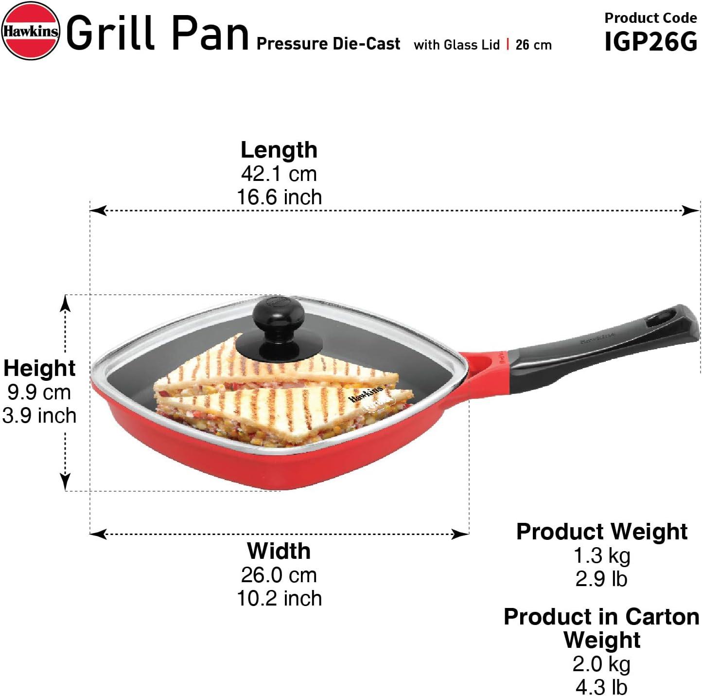 image:imageHawkins 26 cm Grill Pan Non Stick Die Cast Grilling Pan with Glass Lid Square Grill Pan for Gas Stove Ceramic Coated Pan Red IGP26G