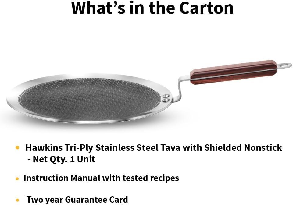 image:imageHawkins 26 cm Paratha Tava Triply Stainless Steel Shielded Nonstick Tawa with Rosewood Handle Honeycomb Non Stick Induction Tawa Silver NSPT26