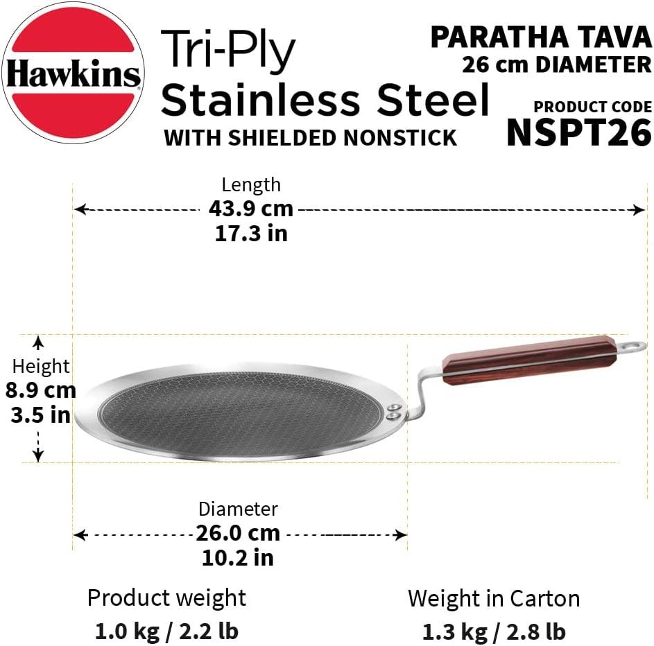 image:imageHawkins 26 cm Paratha Tava Triply Stainless Steel Shielded Nonstick Tawa with Rosewood Handle Honeycomb Non Stick Induction Tawa Silver NSPT26