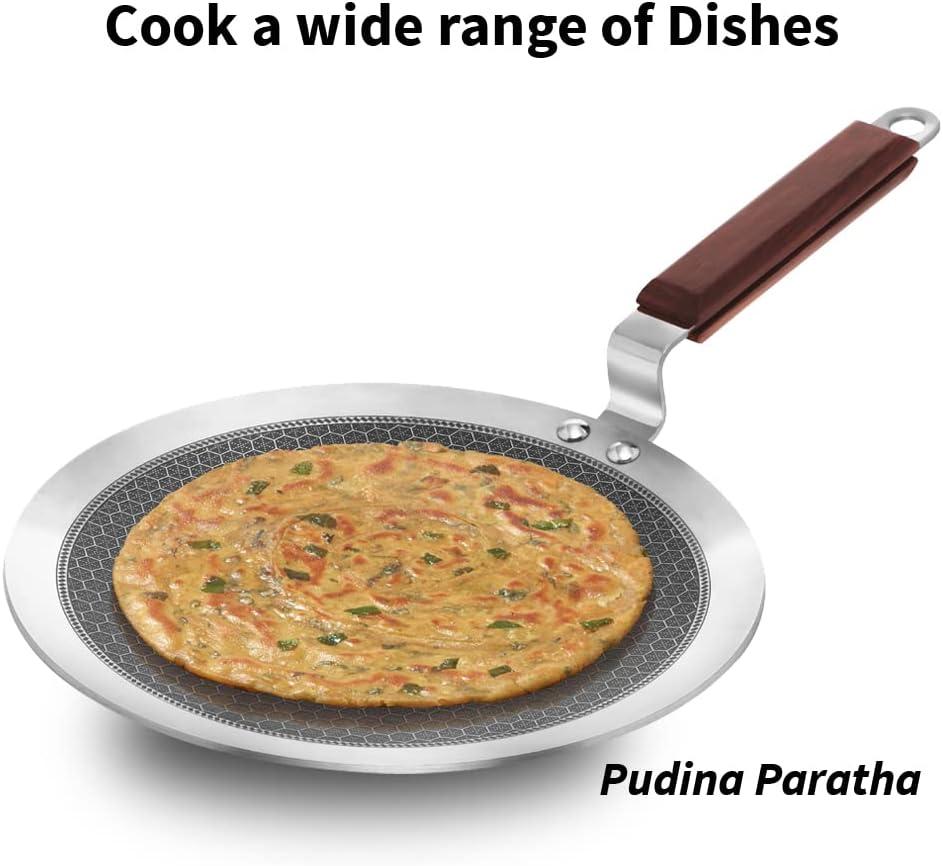 image:imageHawkins 26 cm Paratha Tava Triply Stainless Steel Shielded Nonstick Tawa with Rosewood Handle Honeycomb Non Stick Induction Tawa Silver NSPT26