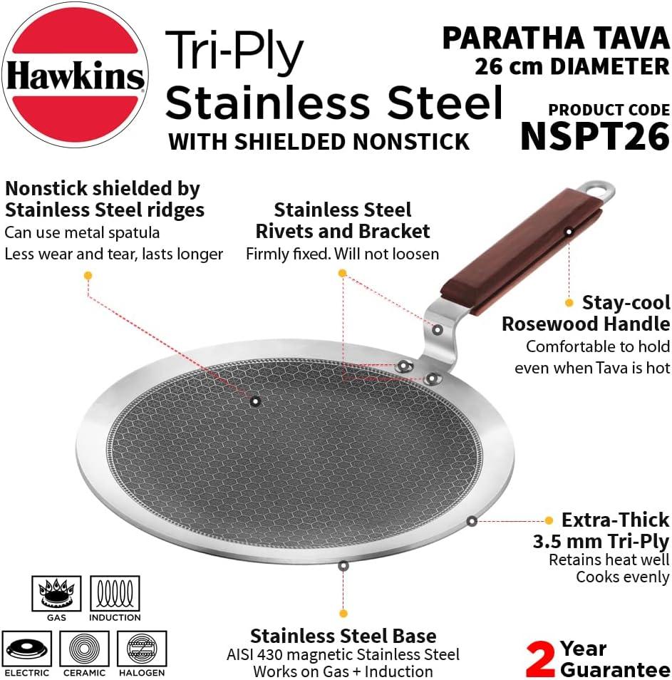 image:imageHawkins 26 cm Paratha Tava Triply Stainless Steel Shielded Nonstick Tawa with Rosewood Handle Honeycomb Non Stick Induction Tawa Silver NSPT26