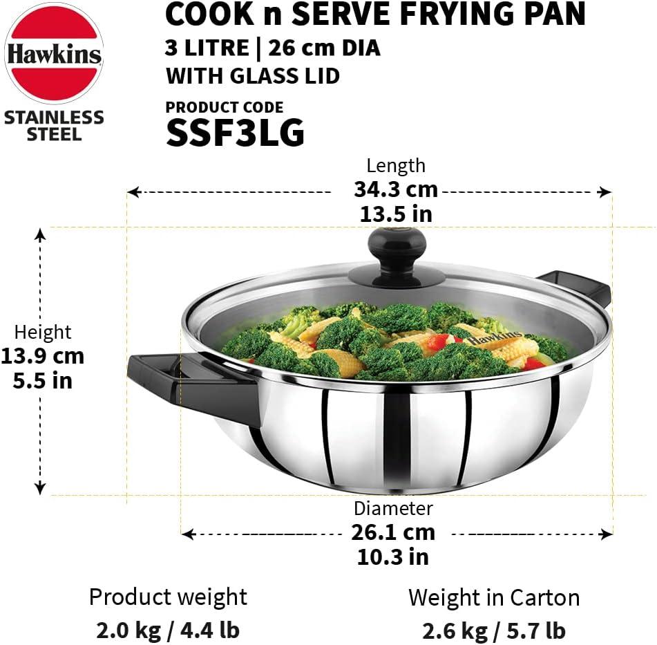 image:imageHawkins 3 Litre Cook n Serve Frying Pan Stainless Steel Fry Pan with Glass Lid Induction Frying Pan Frypan for Cooking and Serving Silver SSF3LG