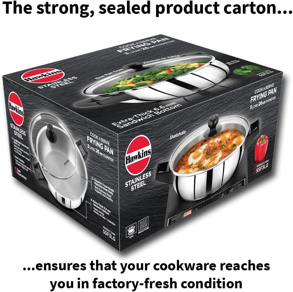 image:imageHawkins 3 Litre Cook n Serve Frying Pan Stainless Steel Fry Pan with Glass Lid Induction Frying Pan Frypan for Cooking and Serving Silver SSF3LG