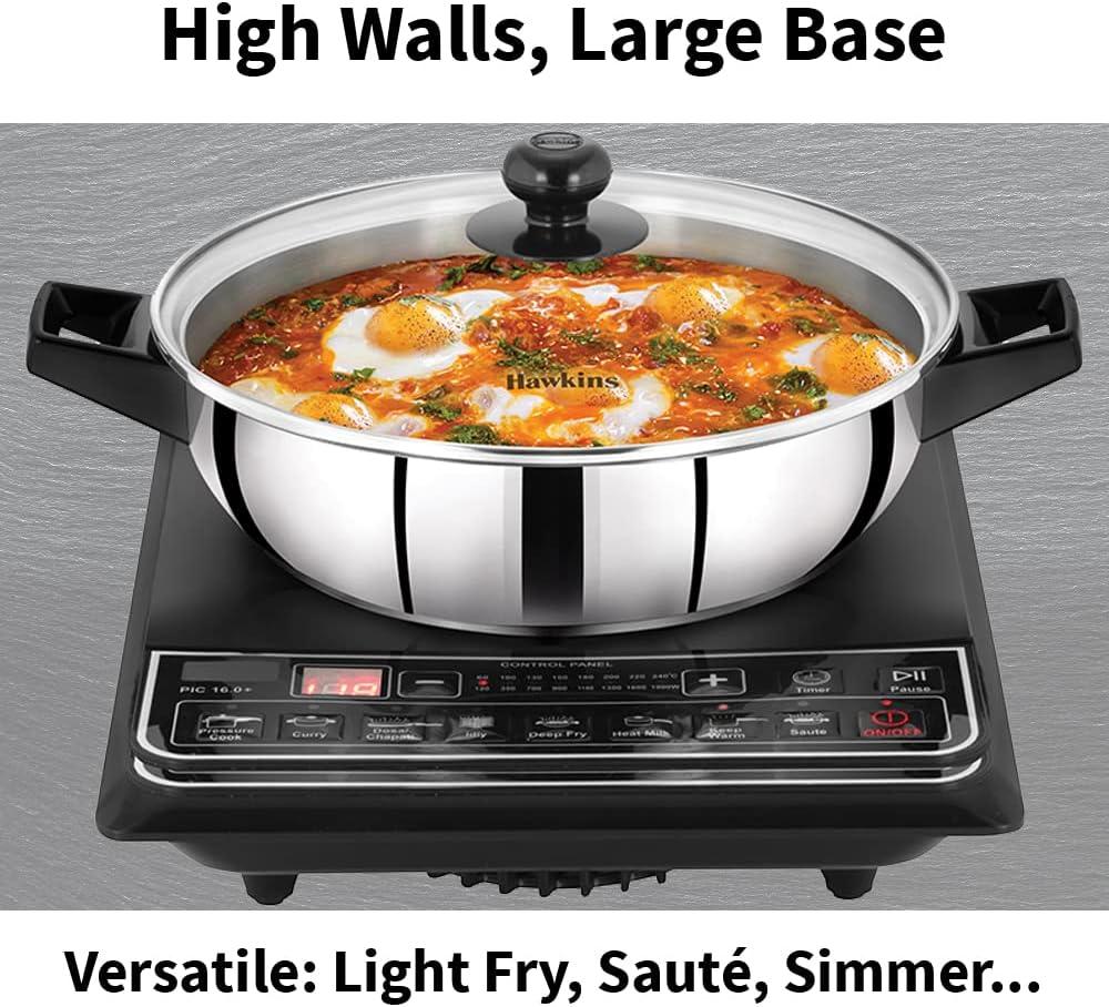 image:imageHawkins 3 Litre Cook n Serve Frying Pan Stainless Steel Fry Pan with Glass Lid Induction Frying Pan Frypan for Cooking and Serving Silver SSF3LG