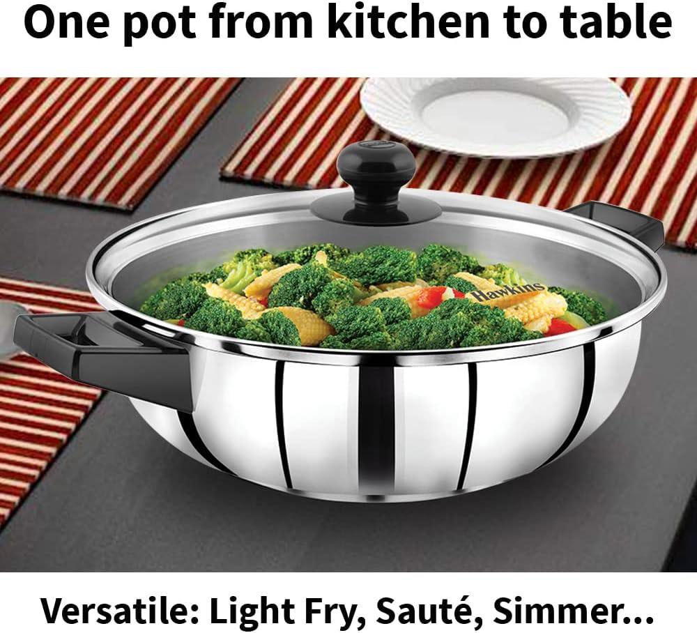 image:imageHawkins 3 Litre Cook n Serve Frying Pan Stainless Steel Fry Pan with Glass Lid Induction Frying Pan Frypan for Cooking and Serving Silver SSF3LG