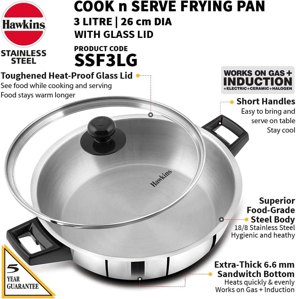 image:imageHawkins 3 Litre Cook n Serve Frying Pan Stainless Steel Fry Pan with Glass Lid Induction Frying Pan Frypan for Cooking and Serving Silver SSF3LG