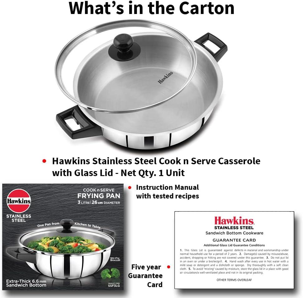 image:imageHawkins 3 Litre Cook n Serve Frying Pan Stainless Steel Fry Pan with Glass Lid Induction Frying Pan Frypan for Cooking and Serving Silver SSF3LG