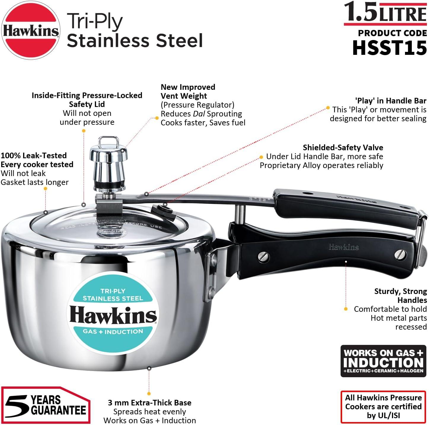 image:imageHawkins 35 Litre Triply Stainless Steel Pressure Cooker Inner Lid Cooker Silver HSST3516 Quarts