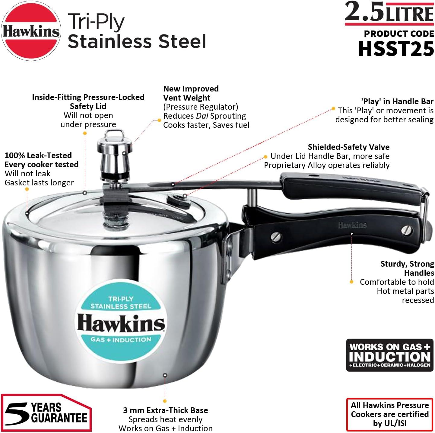 image:imageHawkins 35 Litre Triply Stainless Steel Pressure Cooker Inner Lid Cooker Silver HSST3526 Quarts