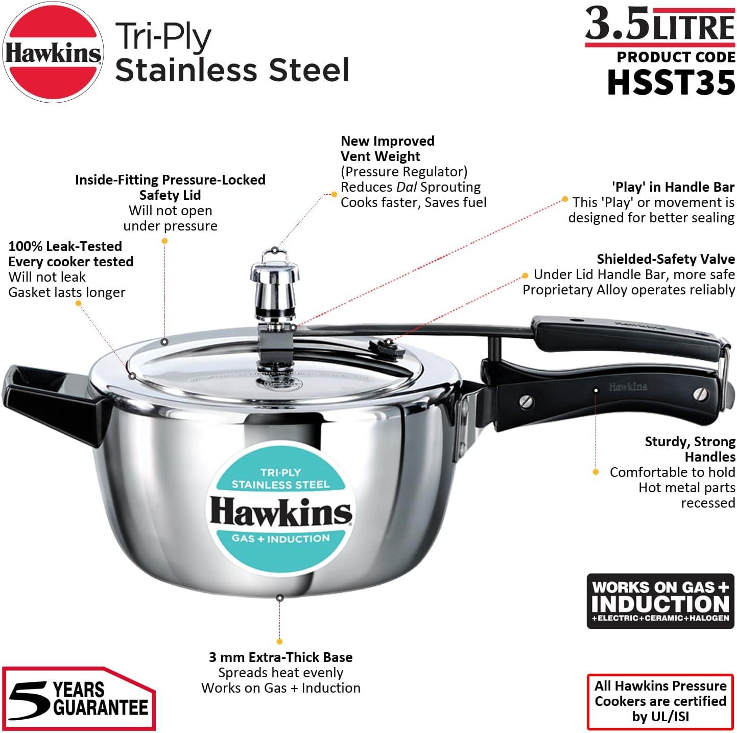 image:imageHawkins 35 Litre Triply Stainless Steel Pressure Cooker Inner Lid Cooker Silver HSST3537 Quarts