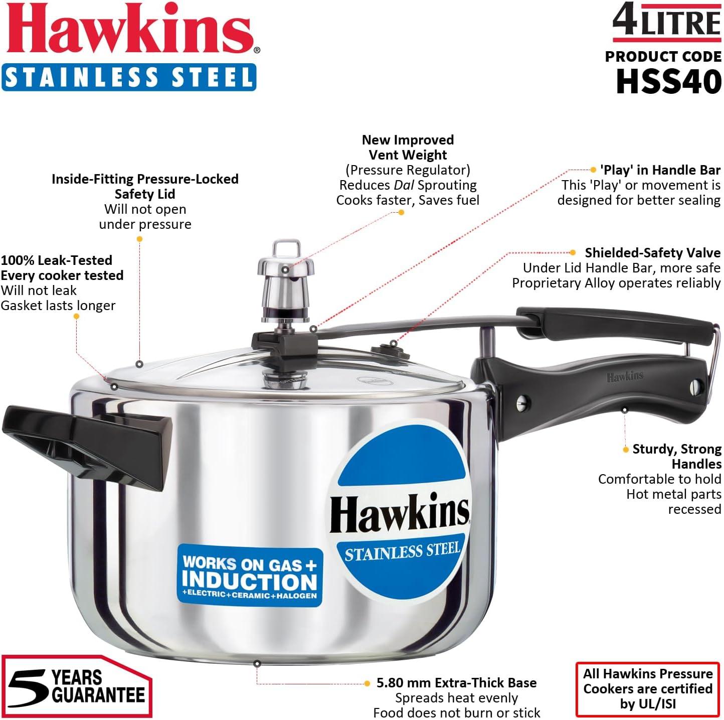 image:imageHawkins 4 Litre Pressure Cooker Stainless Steel Inner Lid Cooker Induction Cooker Silver Hss40 4 Liter42 Quarts