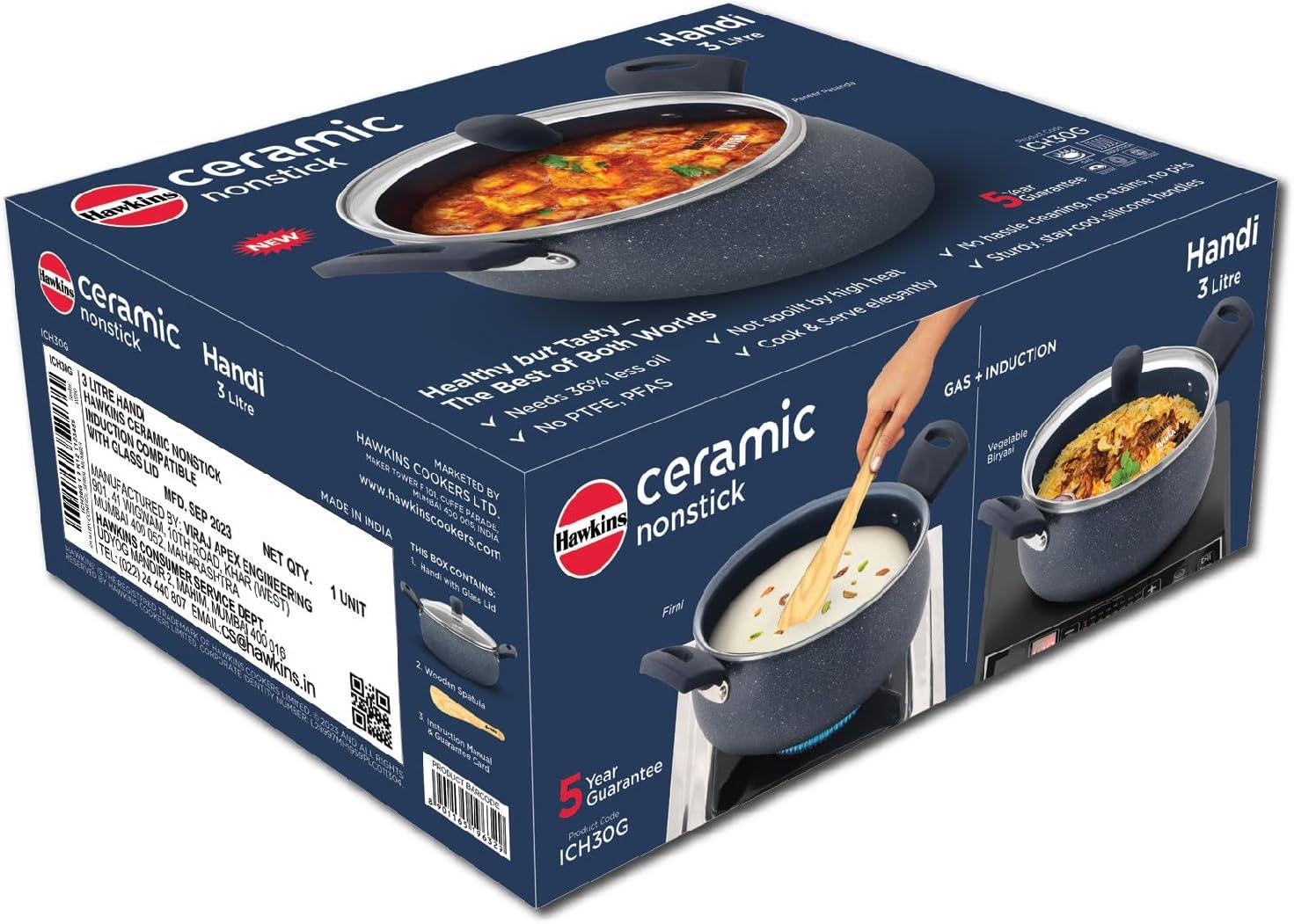 image:imageHawkins Ceramic Nonstick Handi with Glass Lid 3 Litre Induction Biryani Pot Granite Casserole ICH30G