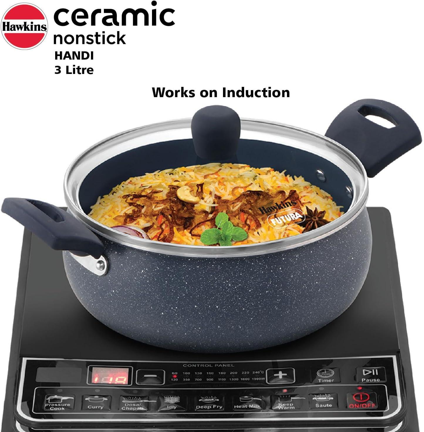 image:imageHawkins Ceramic Nonstick Handi with Glass Lid 3 Litre Induction Biryani Pot Granite Casserole ICH30G